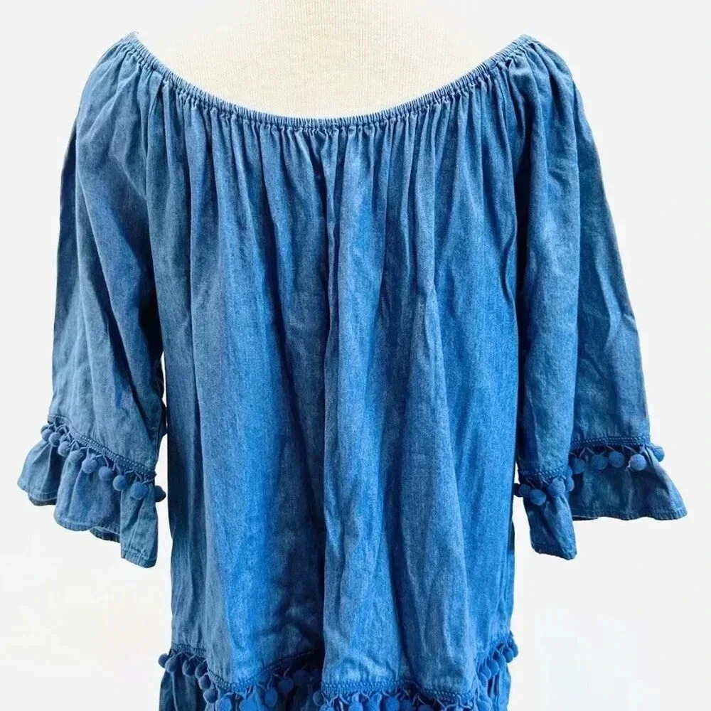 Women 3/4 Sleeve Pull Over Off the Shoulder Pom-Pom Blue Tunic Shirt Size Large - Picture 3 of 11